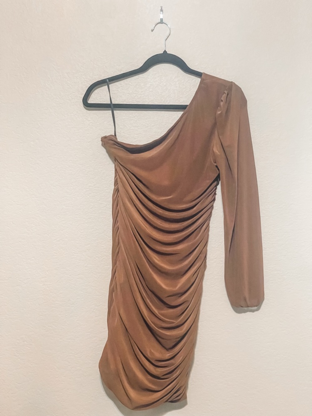 SHEIN One-Shoulder Brown Ruched Mini with Long Sleeve